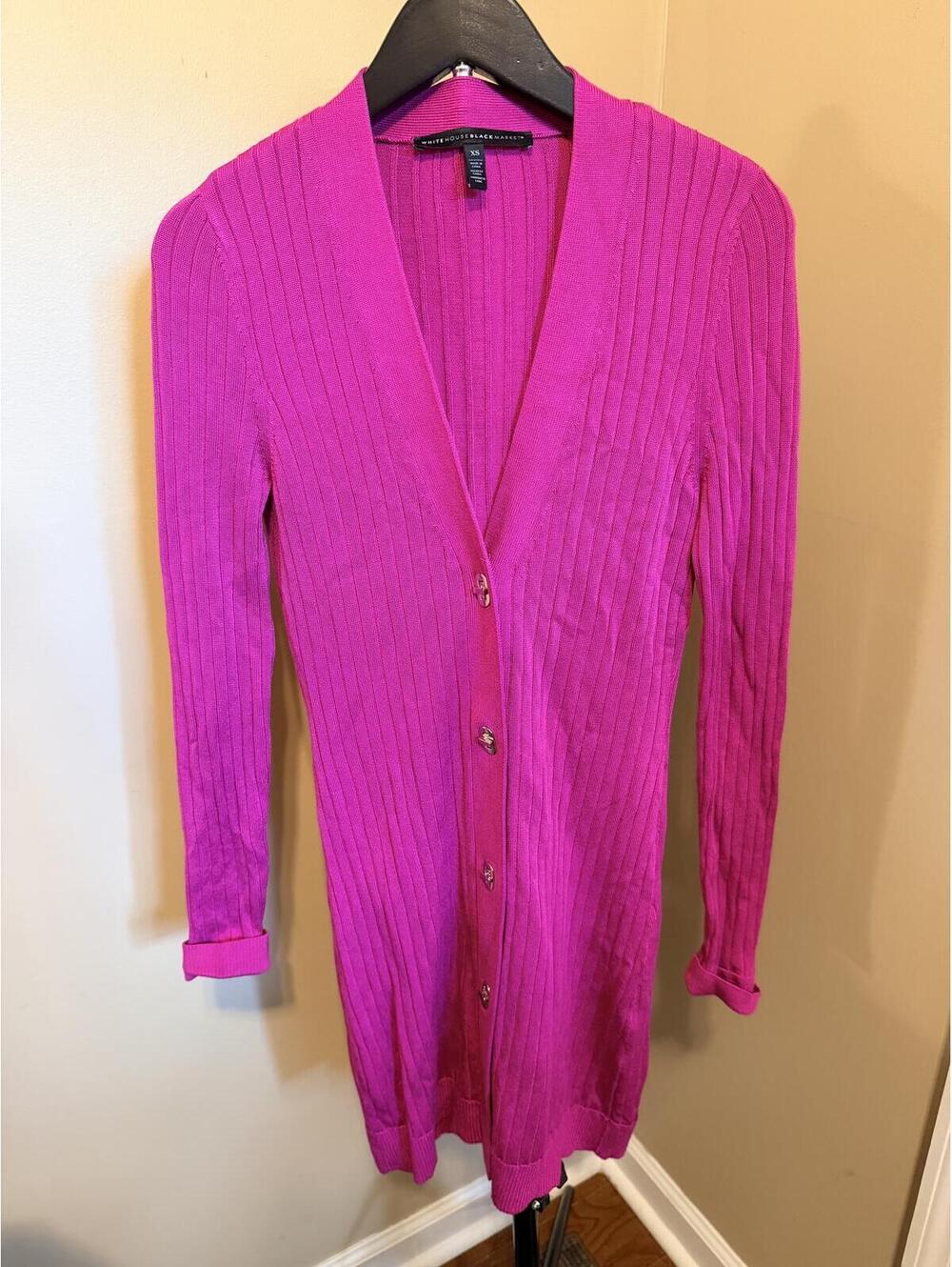 White House Black Market Ribbed Longline Cardigan Sweater XS Pink